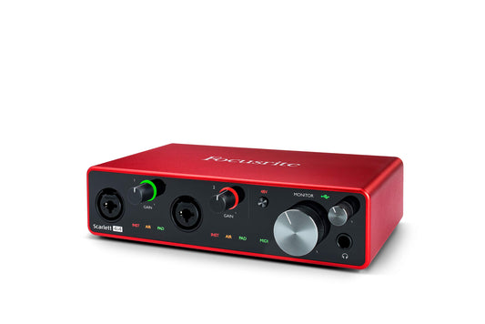 Focusrite Scarlett 4i4 USB-C studio bundle, CR3-X monitors, mic, headphones, boom stand, pop filter, cables, software.