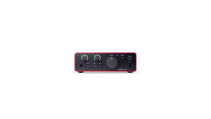 Focusrite Scarlett Solo 4th Gen studio bundle, condenser mic, headphones, stand, cables, production software.