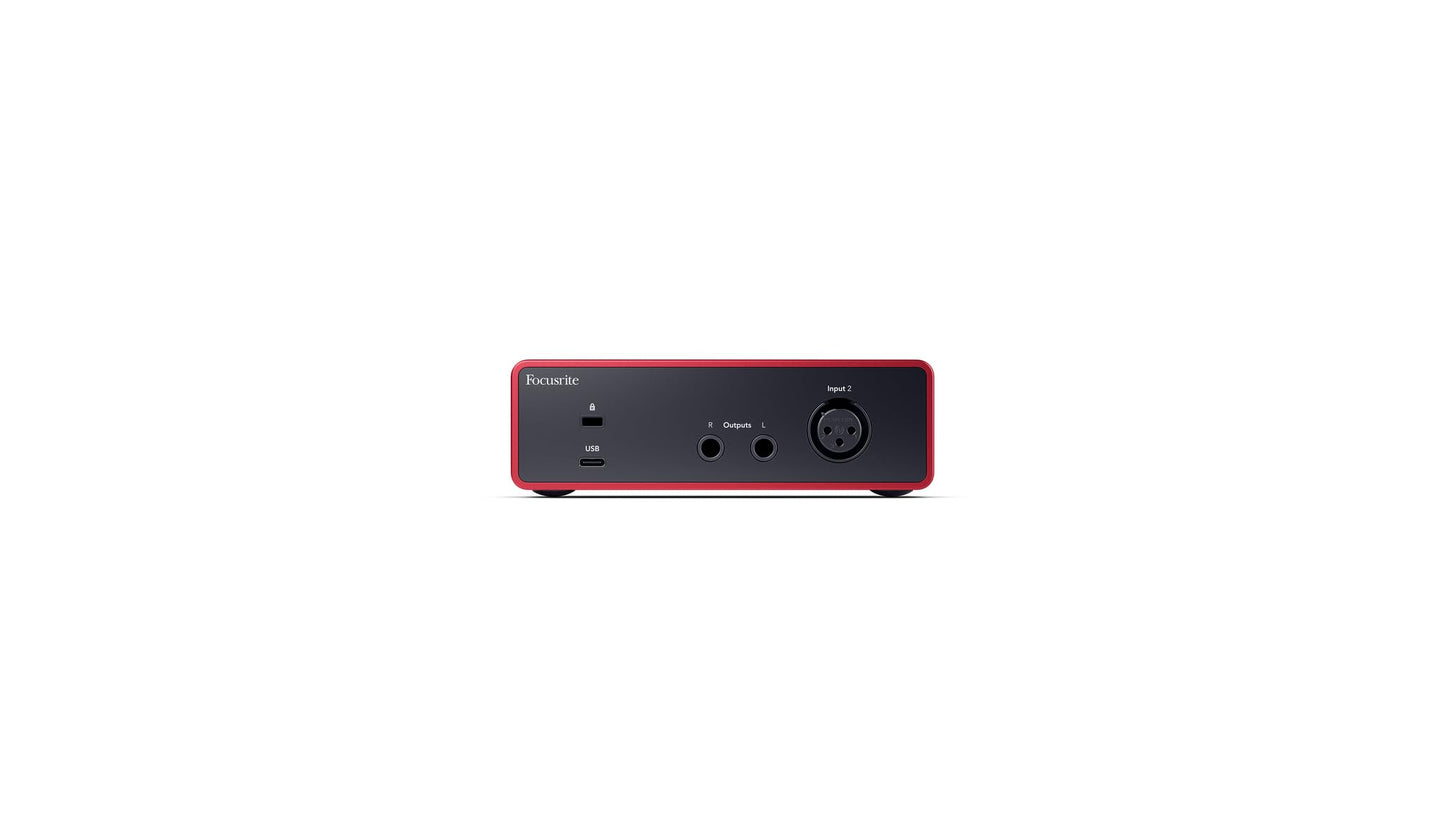 Focusrite Scarlett Solo 4th Gen studio bundle, condenser mic, headphones, stand, cables, production software.