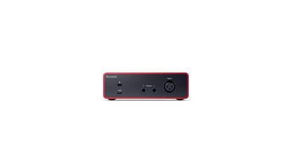 Focusrite Scarlett Solo 4th Gen studio bundle, condenser mic, headphones, stand, cables, production software.