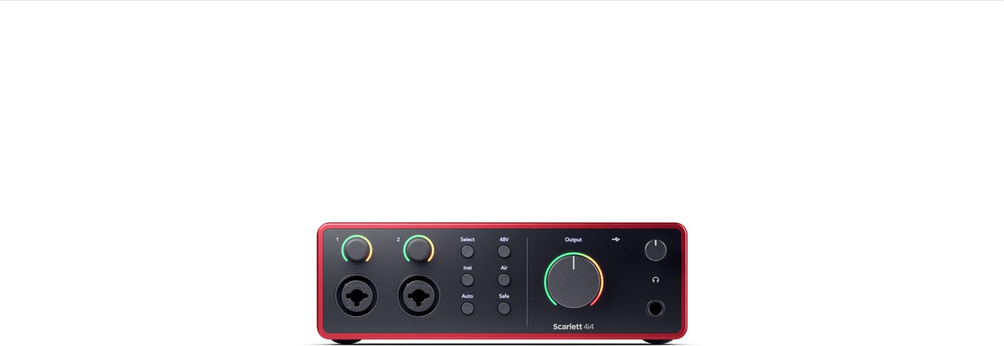 Focusrite Scarlett 4i4 + Bluetooth monitors bundle, audio interface, shield, production software included.