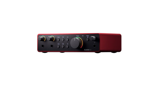 Focusrite Scarlett 2i2 bundle, Eris monitors, ATOM pad controller, mic, headphones, isolation shield, full studio setup.
