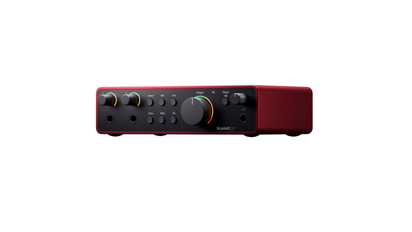 Focusrite Scarlett 2i2 4th Gen USB-C audio interface studio bundle, Eris 3.5 monitors, mic, headphones, shield, cables, software.