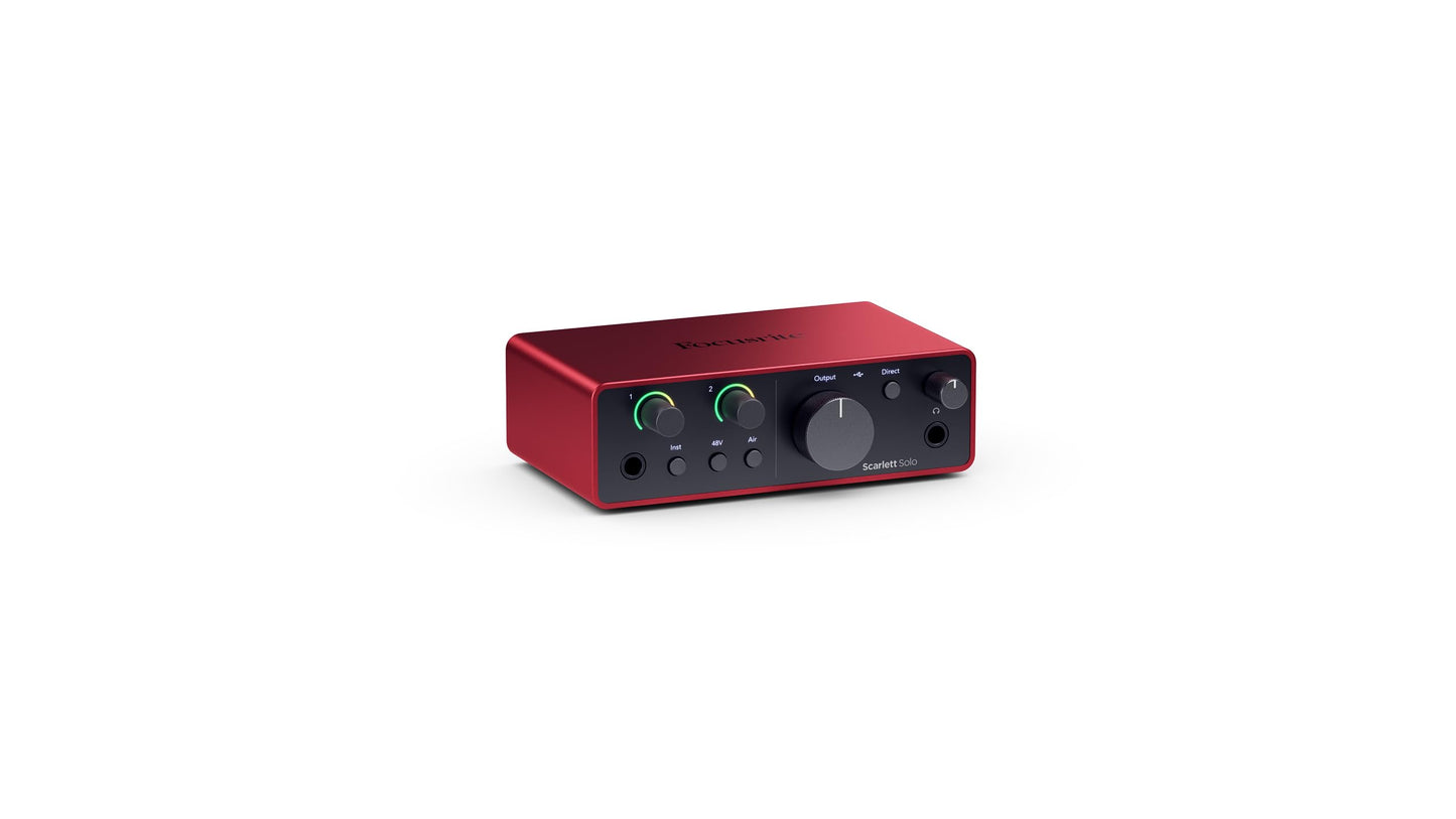 Focusrite Scarlett Solo 4th Gen studio bundle, condenser mic, headphones, stand, cables, production software.