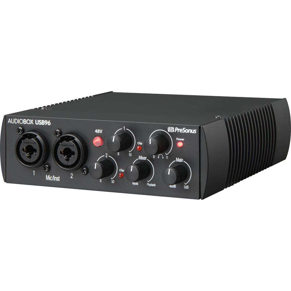 PreSonus AudioBox USB 96 recording bundle, studio monitors, condenser mic, isolation shield, software, home studio kit.