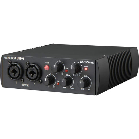 PreSonus AudioBox USB 96 recording bundle, studio monitors, condenser mic, isolation shield, software, home studio kit.