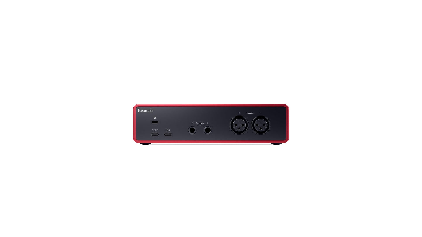 Focusrite Scarlett 2i2 4th Gen USB-C audio interface studio bundle, Eris 3.5 monitors, mic, headphones, shield, cables, software.