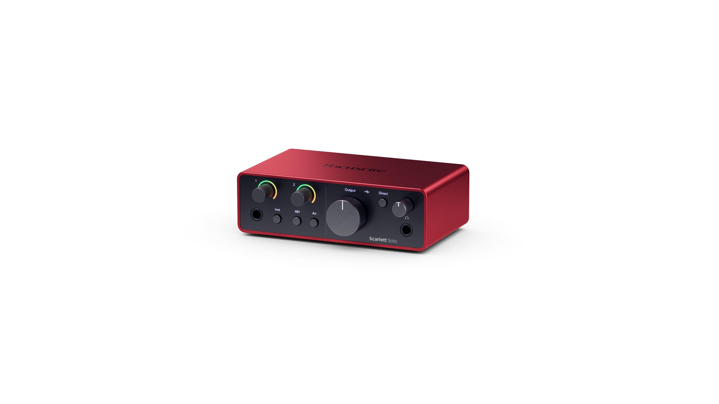 Focusrite Scarlett Solo 4th Gen studio bundle, condenser mic, headphones, stand, cables, production software.