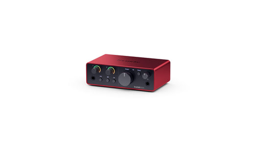 Focusrite Scarlett Solo 4th Gen studio bundle, condenser mic, headphones, stand, cables, production software.