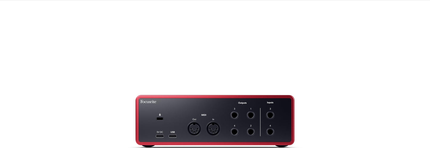 Focusrite Scarlett 4i4 + Bluetooth monitors bundle, audio interface, shield, production software included.