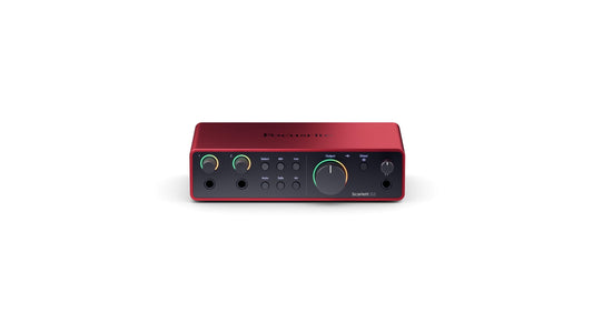 Focusrite Scarlett 2i2 4th Gen USB-C audio interface studio bundle, Eris 3.5 monitors, mic, headphones, shield, cables, software.