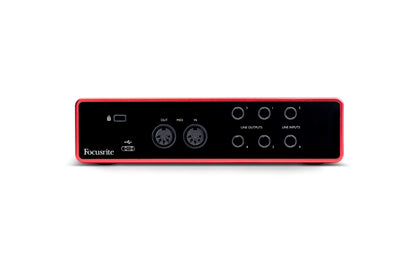 Focusrite Scarlett 4i4 USB-C studio bundle, CR3-X monitors, mic, headphones, boom stand, pop filter, cables, software.