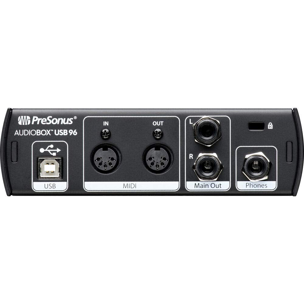 PreSonus AudioBox USB 96 recording bundle, studio monitors, condenser mic, isolation shield, software, home studio kit.