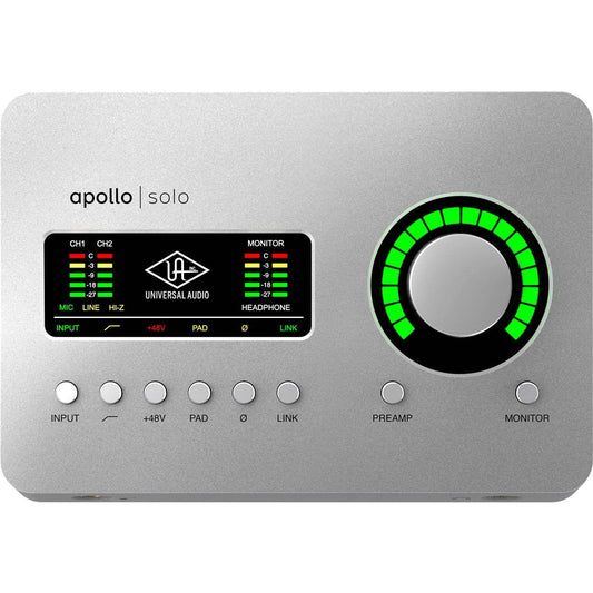 Universal Audio Apollo Solo Heritage Edition Thunderbolt 3 interface, realtime UAD processing, Mac/Windows, headphone bundle.