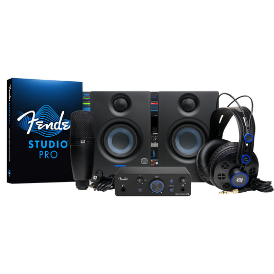 Fender Quantum complete recording bundle, interface, mic, speakers, headphones, software, all-in-one kit.