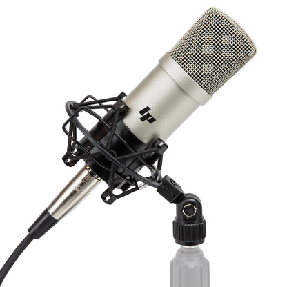 Focusrite Scarlett 4i4 USB-C studio bundle, CR3-X monitors, mic, headphones, boom stand, pop filter, cables, software.