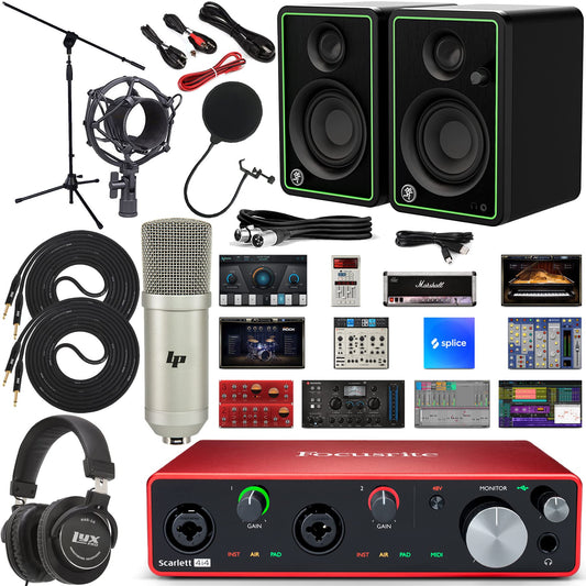 Focusrite Scarlett 4i4 USB-C studio bundle, CR3-X monitors, mic, headphones, boom stand, pop filter, cables, software.