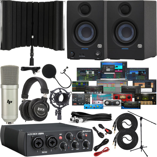 PreSonus AudioBox 96 + Eris 3.5 monitors bundle, mic, shield, headphones, stands, cables, Studio One software.