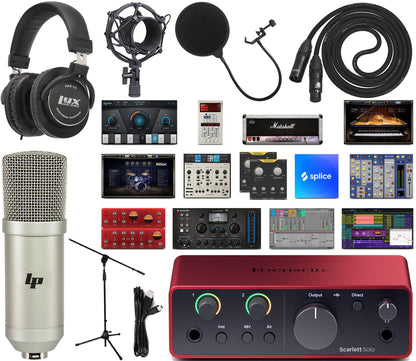 Focusrite Scarlett Solo 4th Gen studio bundle, condenser mic, headphones, stand, cables, production software.
