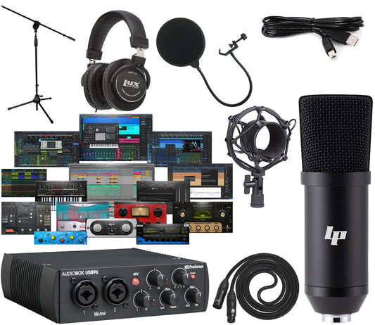 PreSonus AudioBox 96 USB recording studio bundle, interface, condenser mic, headphones, pop filter, stand, Studio One software.