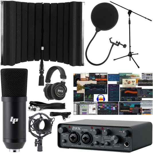 LyxJam 2×2 USB audio interface bundle, condenser mic, isolation booth, pop filter, shockmount, cables, headphones, software.