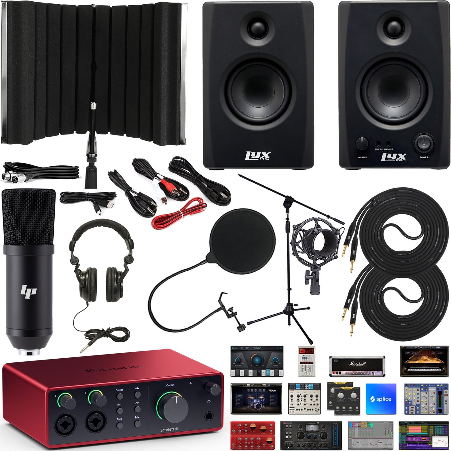 Focusrite Scarlett 4i4 + Bluetooth monitors bundle, audio interface, shield, production software included.