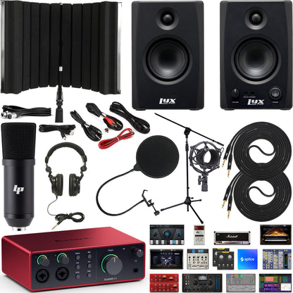 Focusrite Scarlett 4i4 + Bluetooth monitors bundle, audio interface, shield, production software included.