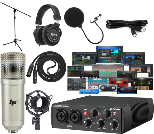 PreSonus AudioBox 96 25th Anniversary bundle, mic, stand, pop filter, headphones, full recording kit.