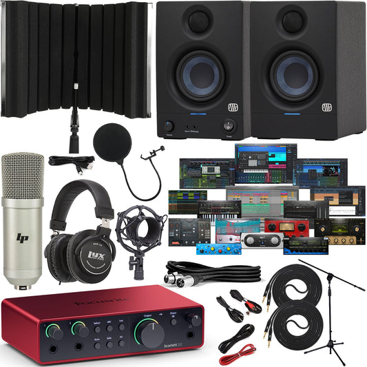 Focusrite Scarlett 2i2 4th Gen USB-C audio interface studio bundle, Eris 3.5 monitors, mic, headphones, shield, cables, software.