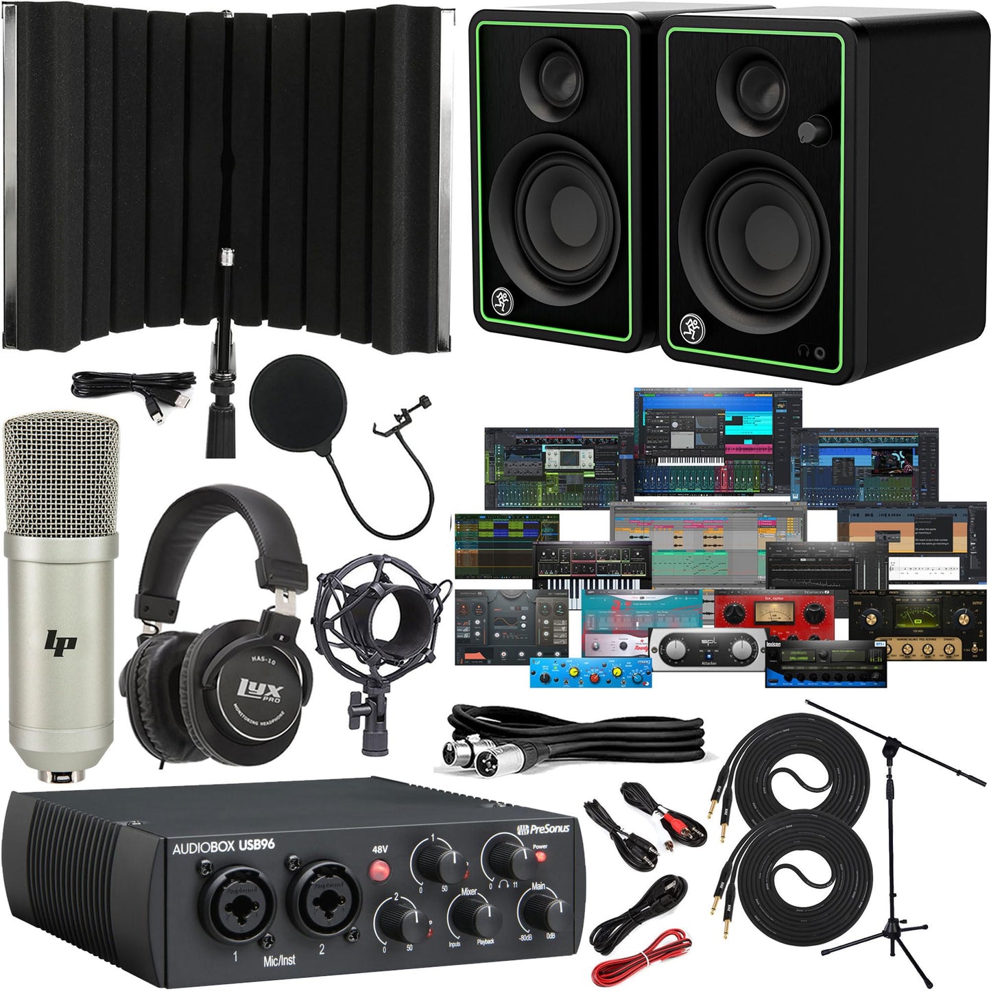 PreSonus AudioBox USB 96 recording bundle, studio monitors, condenser mic, isolation shield, software, home studio kit.