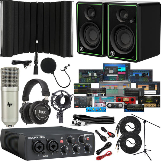 PreSonus AudioBox USB 96 recording bundle, studio monitors, condenser mic, isolation shield, software, home studio kit.