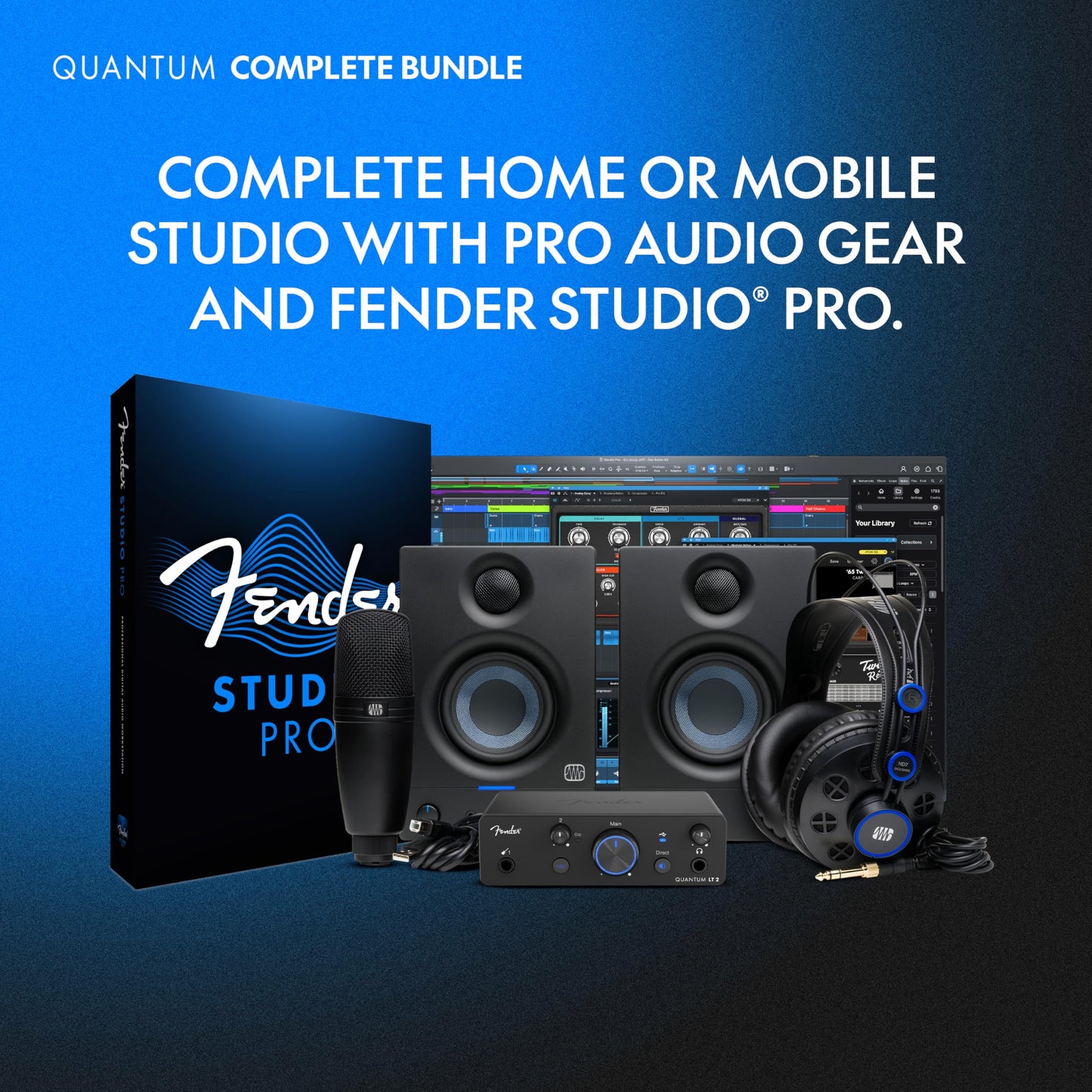 Fender Quantum complete recording bundle, interface, mic, speakers, headphones, software, all-in-one kit.