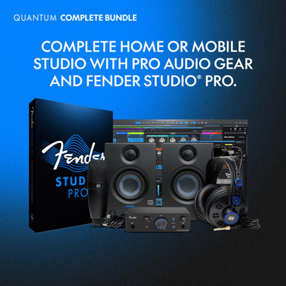 Fender Quantum complete recording bundle, interface, mic, speakers, headphones, software, all-in-one kit.
