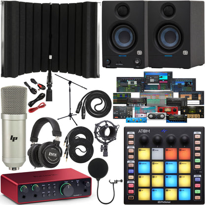 Focusrite Scarlett 2i2 bundle, Eris monitors, ATOM pad controller, mic, headphones, isolation shield, full studio setup.