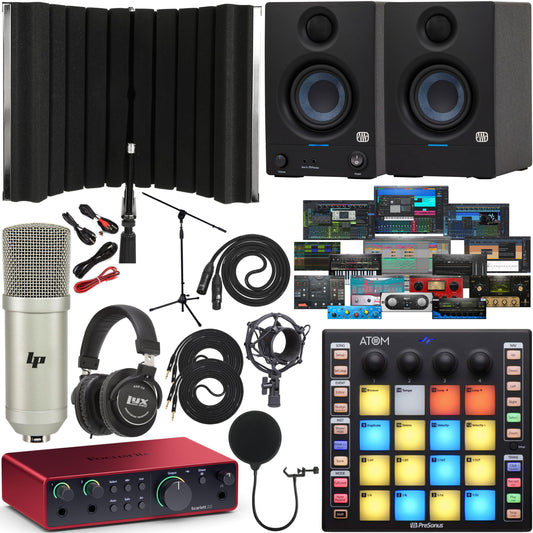 Focusrite Scarlett 2i2 bundle, Eris monitors, ATOM pad controller, mic, headphones, isolation shield, full studio setup.
