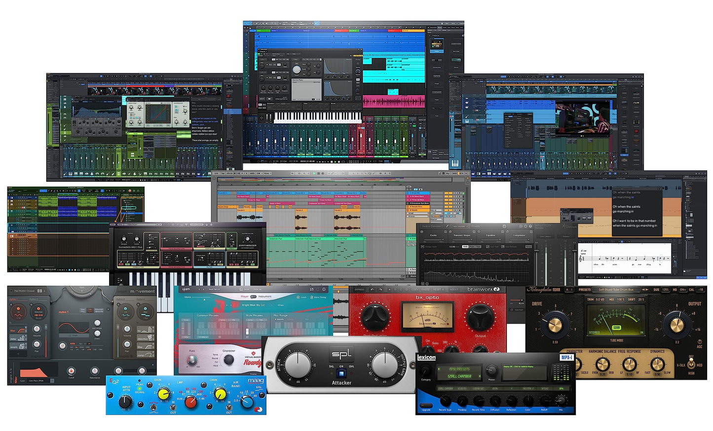 Focusrite Scarlett 2i2 bundle, Eris monitors, ATOM pad controller, mic, headphones, isolation shield, full studio setup.