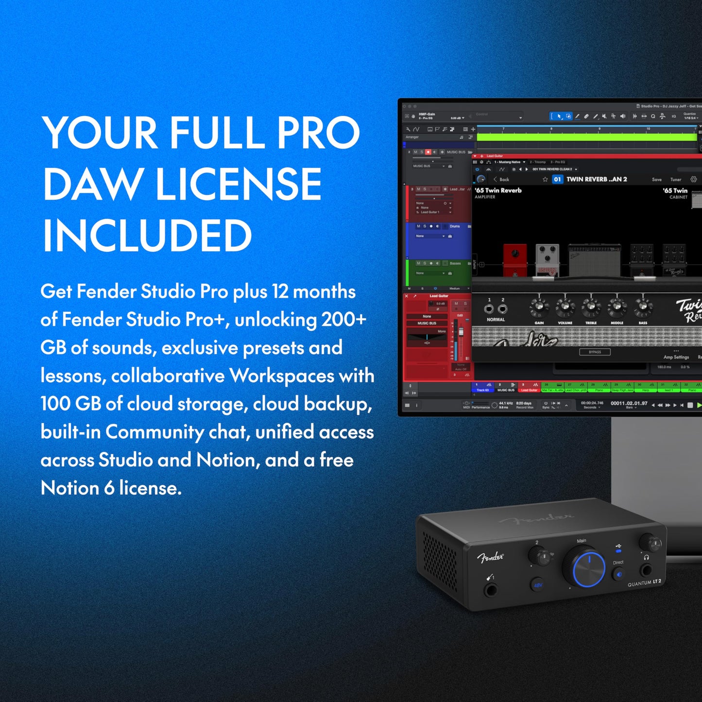 Fender Quantum complete recording bundle, interface, mic, speakers, headphones, software, all-in-one kit.