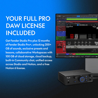 Fender Quantum complete recording bundle, interface, mic, speakers, headphones, software, all-in-one kit.