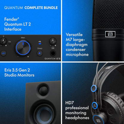 Fender Quantum complete recording bundle, interface, mic, speakers, headphones, software, all-in-one kit.