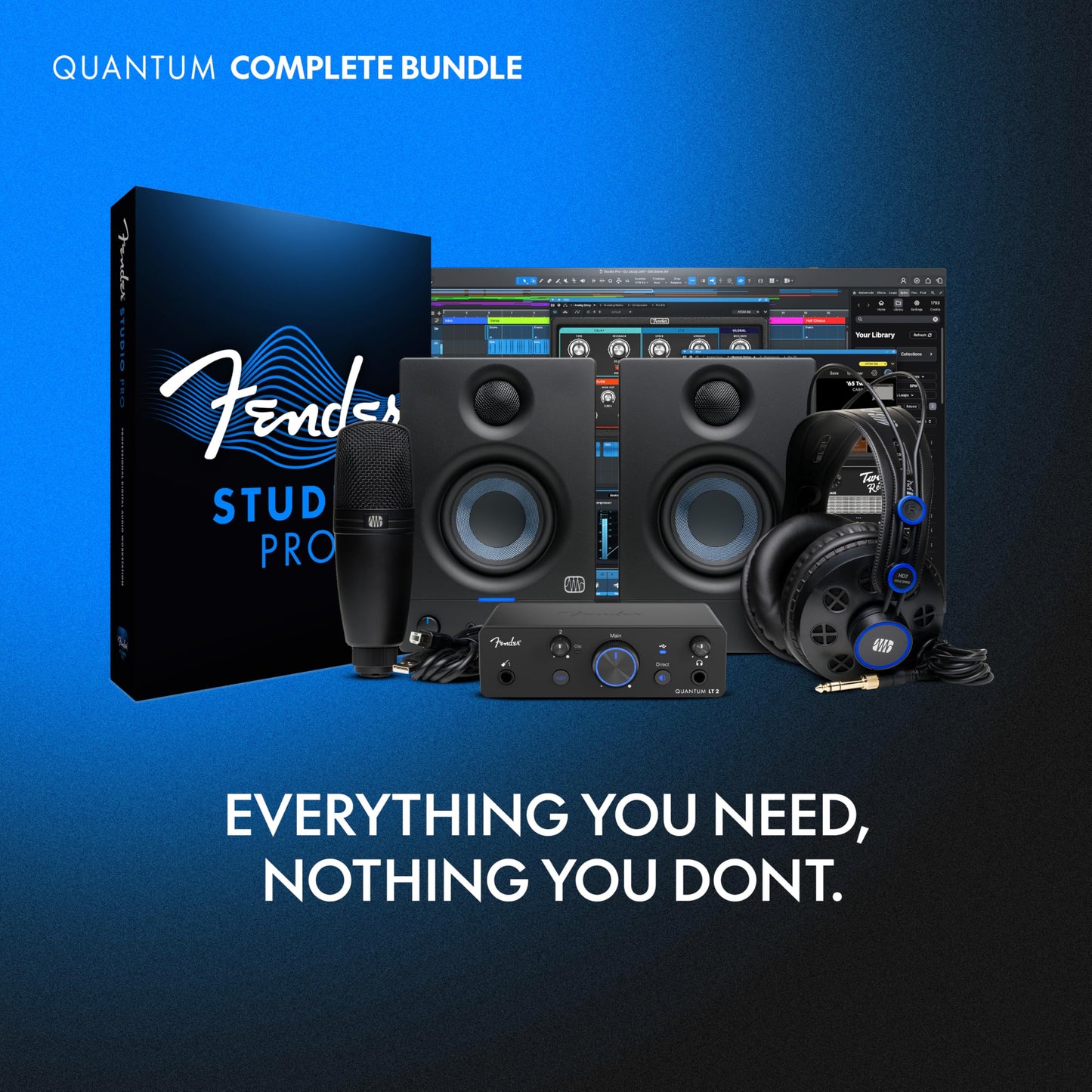 Fender Quantum complete recording bundle, interface, mic, speakers, headphones, software, all-in-one kit.