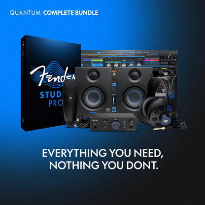 Fender Quantum complete recording bundle, interface, mic, speakers, headphones, software, all-in-one kit.